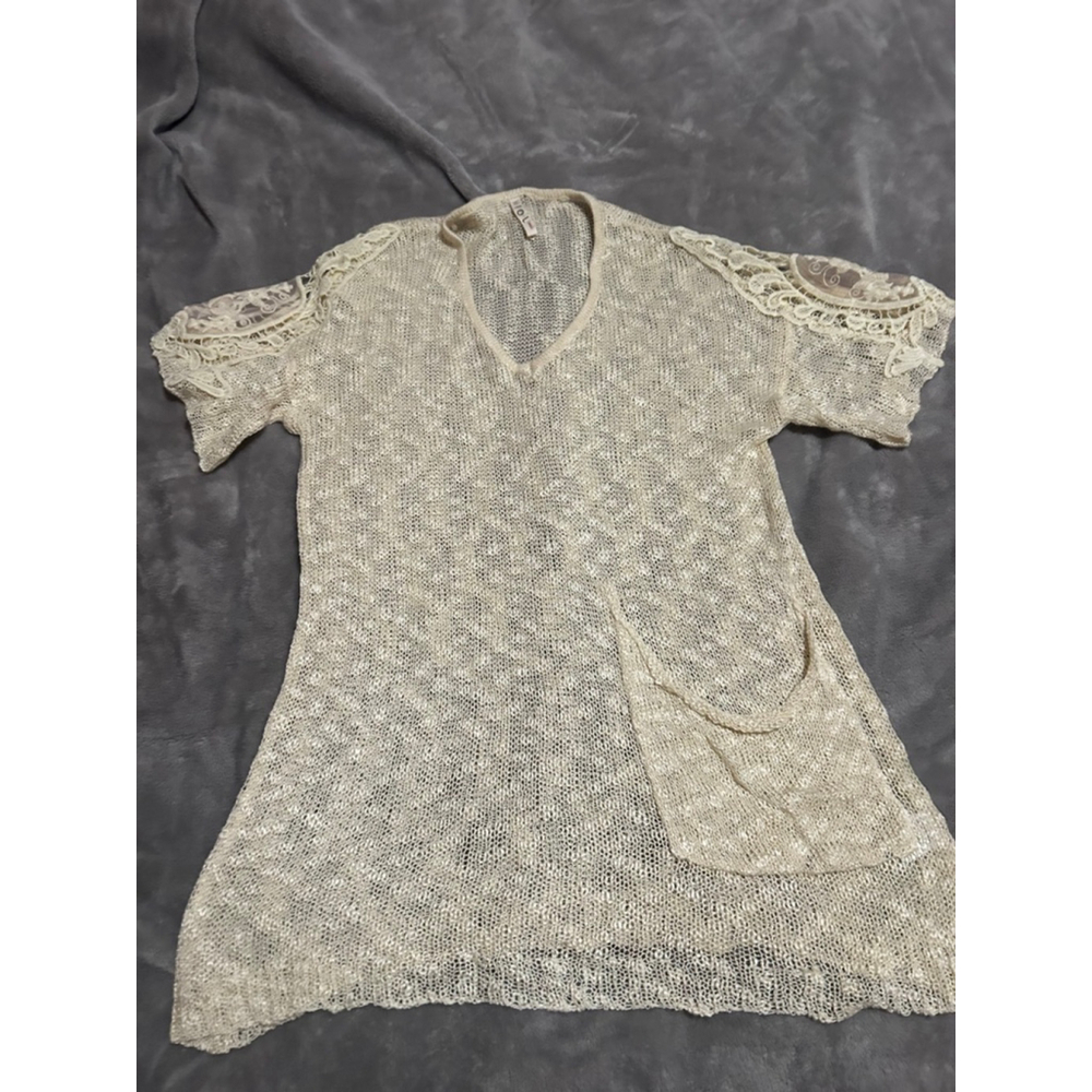 Women's POL Beige Knit V-Neck Sweater with Lace Sleeves, Size S